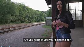 Public Agent Mia Trejsi teases with dildo in outdoor fuck