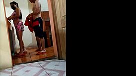 This lustful mature woman watches her stepson arrive. She urges him to touch her curvy ass.