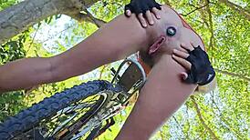 No Panties Biking in Public Park! Close Up Fuck and Pee on Bike!