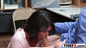 Spreading her hot legs to avoid punishment from the burglar in the garage