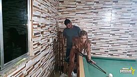 brunette latina deepthroats big cock while playing pool