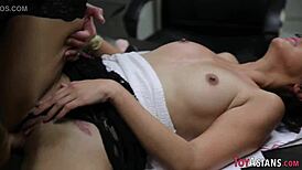 Tiny teen 18+ asian intern in glasses and stockings sucks big cock at work and gets facial