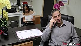 Tiny teen 18+ asian intern in glasses and stockings sucks big cock at work and gets facial