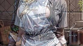 AI-generated blonde chef flashes her pussy in the kitchen.