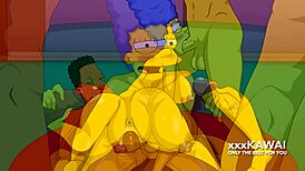 marge gets wild in a threesome with carl and lenny from the simpsons.