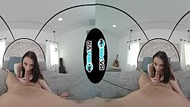 Helpful brunette girlfriend uses vibrator on monster cock in POV VR porn session.