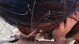 Hot brunette couple ise mah performs blowjob and fucking on public beach