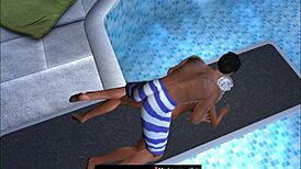 Captured on the public pool jumping board in cartoon style