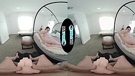 Helpful brunette girlfriend uses vibrator on monster cock in POV VR porn session.