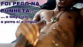 He watches me cum from handjob and licks it clean