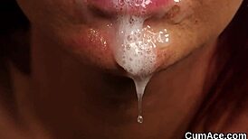 Flirty peach gets a cumshot on her face, swallowing every drop of cream