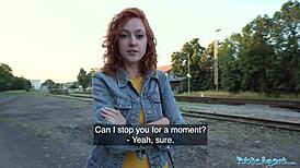 Public Agent Redhead Waitress Engages In Activities Outside In Public