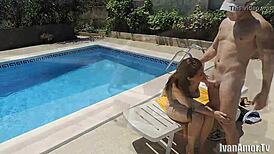 Intense fucking outside leads to cumshot in her bent-over ass