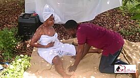 he bends her over for group doggystyle blowjob under mango tree