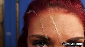 Slutty hottie gets cum shot on her face sucking every drop!