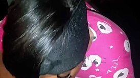 Ebony amateur gives sloppy blowjob to big black cock at bedtime