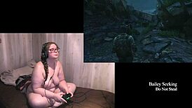 Naked brunette plays Last of Us with big tits exposed