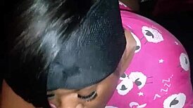 Ebony amateur gives sloppy blowjob to big black cock at bedtime