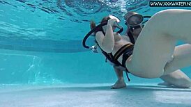 Manga character in pool with underwater fingering and oral