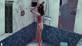 Skinny Character Enjoys Shower Scene in 3D Anime Game