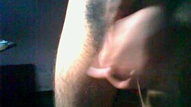 A detailed scene of hairy dick masturbation featuring a man stroking his thick, hairy cock in close-up view