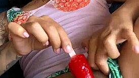 Girlfriend wets pussy for boyfriend's fat cock in outdoor sex