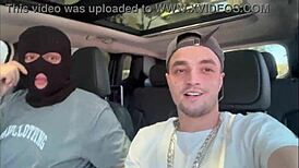 skinny guy deepthroats big cock in chained bondage trailer