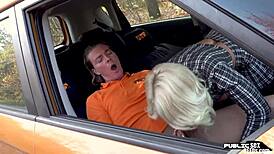 Busty milf rides instructor in public car