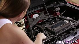 The blonde licks out the mechanic