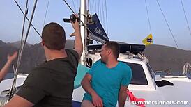 Bent Over Hairless Riders in Shaved Doggystyle Boat Group Action