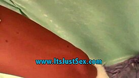 starri knight wraps her shaved pussy lips around a glass toy while fingering and wanking her big natural tits.