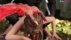 嘿，Aerith在3D奇幻中深喉2只狼人！