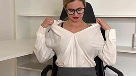 i'm watching this sexy secretary flirt and masturbate with a vibrator in front of me, her huge tits and skinny body turning me on