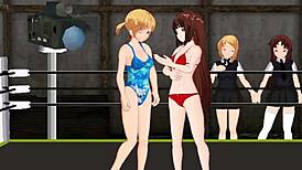 princess nina battles karin in wild ring catfight hentai action