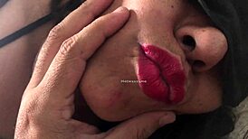 Blindfolded masked slut performs deep sucking blowjob on old man