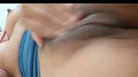 Wow, this sexy petite morena masturbates her wet hairy pussy on the bed!