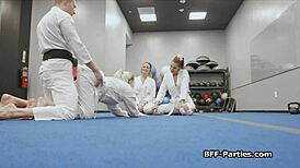 Ever seen a wild foursome with horny teen 18+s during martial arts training? Insane group action!