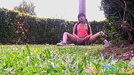 Tobie fingers her sweet pussy outdoors 😊