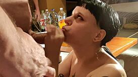 tattooed bitch says, give me that quick cumshot bukkake