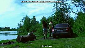 hot brunette amateur stretched and drilled on car boot in public