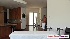milf masseur deepthroating in intense threeway action.