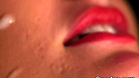 frisky doll gets a huge cumshot on her face, eatin all that semen, damn