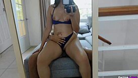 Hard sex in front of the mirror with the sexiest school girl, cumming on her tits.