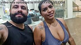 woman sweats in gym and gifts sweaty panties and feet post-workout