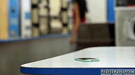 Teen nerd gets wild blowjob during laundry day group fun