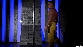 Feel the passion as a hot young gay guy performs an acrobatic strip tease, dancing on the pole with clothes ripping off in excitement.