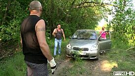 busty blonde pamela sucks two cocks deep in forest