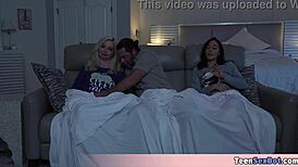 Blonde and brunette teens test stepdad's claims in group ffm fantasy with small tits