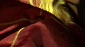 Skinny white girl gets deepthroated at gangbang party, ending with facial cumshot