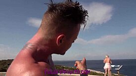 two hot old men with a stunning spanish girl at the beach.